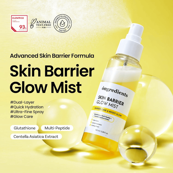 Ongredients Skin Barrier Glow Mist bruma facial de 100 ml con ceramidas, péptidos y Centella Asiatica para hidratación y efecto fortalecedor de la barrera cutánea.
