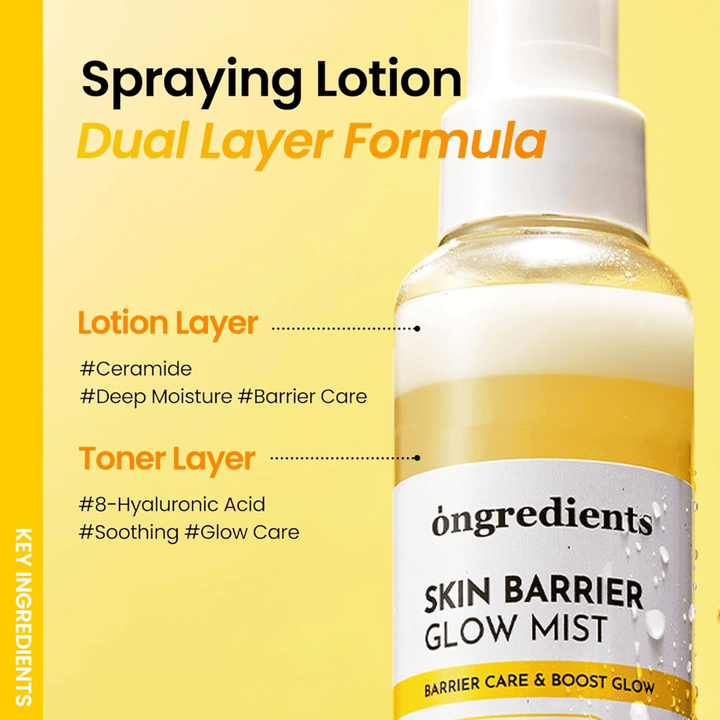 Ongredients Skin Barrier Glow Mist bruma facial de doble capa con ácido hialurónico y ceramidas que proporciona una hidratación profunda y protege la barrera cutánea.