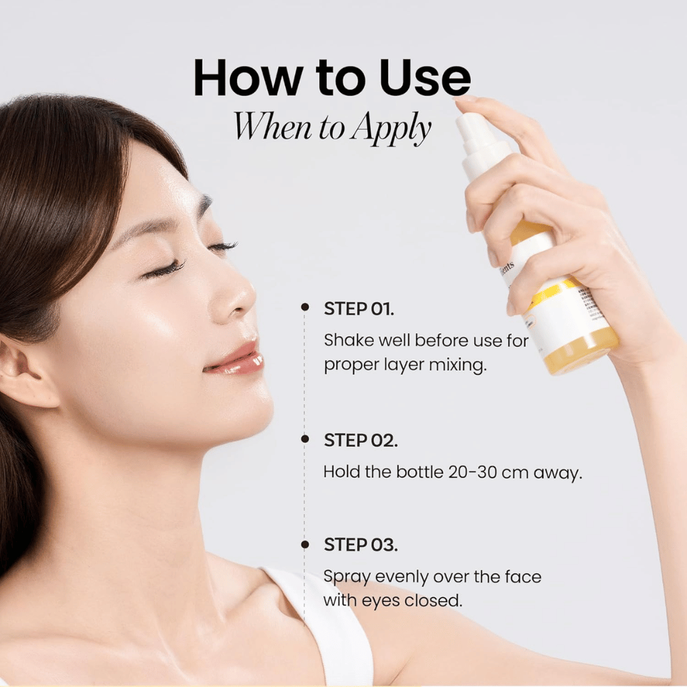 Ongredients Skin Barrier Glow Mist se utiliza como bruma facial a 20–30 cm de la piel para una hidratación rápida, brillo y frescura durante el día.