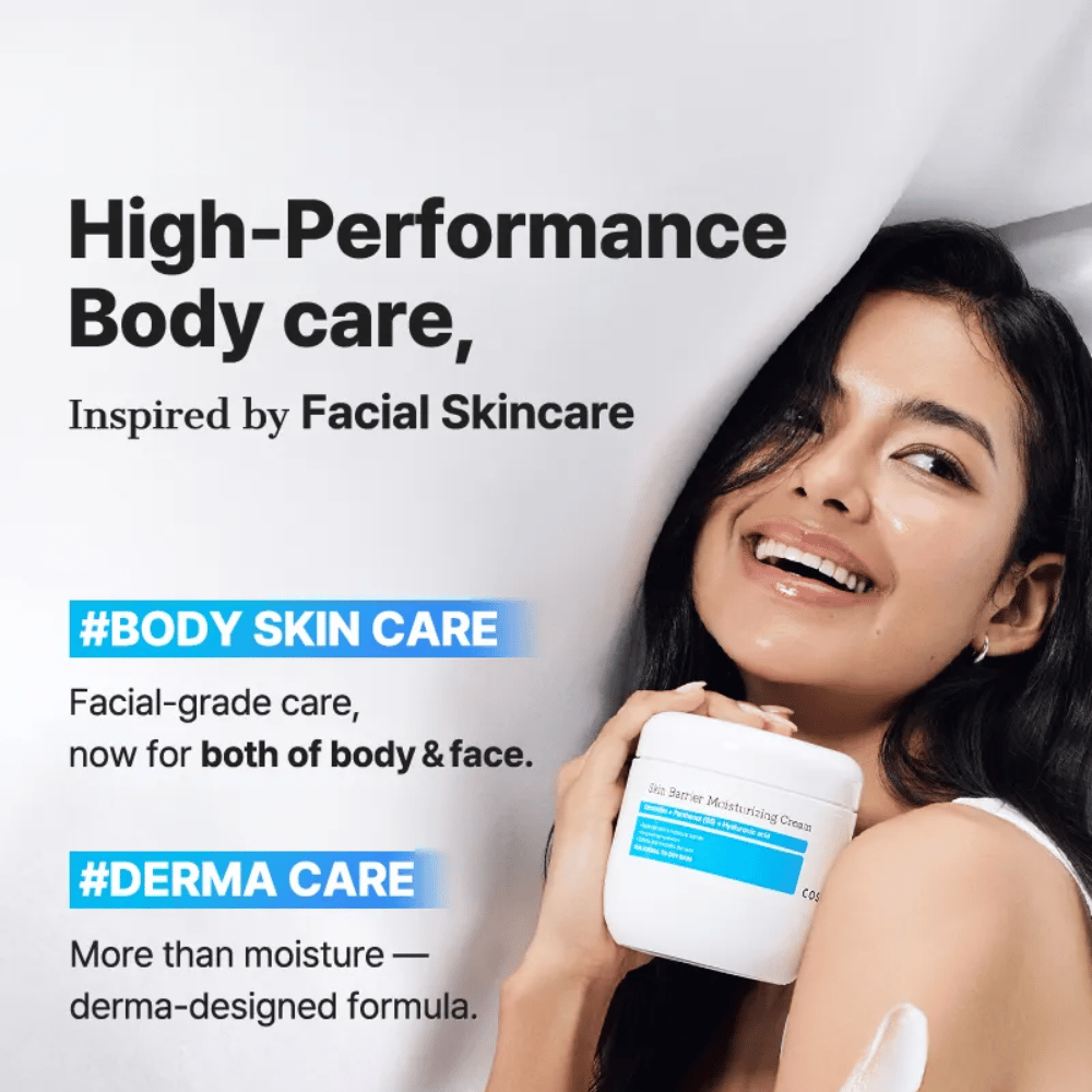 Mujer con COSRX Skin Barrier Cream – cuidado corporal potente con calidad de cuidado facial y dermaformula.