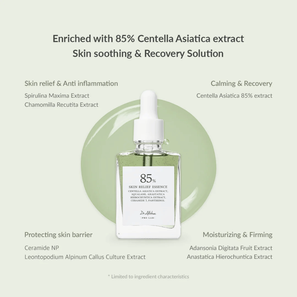 Dr. Althea Skin Relief Essence está enriquecido con un 85% de extracto de Centella Asiática y ofrece cuidado calmante y reparador. Contiene ingredientes antiinflamatorios como espirulina y manzanilla, ceramidas para fortalecer la barrera cutánea y extractos hidratantes de baobab y anastatica. Perfecto para piel sensible, roja y estresada.