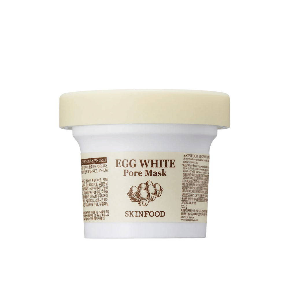 EN SKINFOOD Egg White Pore Mask 120g en fondo blanco, diseñado para limpieza profunda y mejora de la piel.