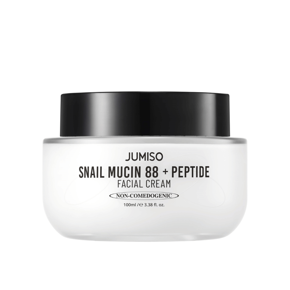 JUMISO Snail Mucin 88 + Peptide Facial Cream en un frasco blanco con tapa negra. Crema facial con 88 % de secreción de caracol y péptidos para un cuidado intensivo de la piel e hidratación.