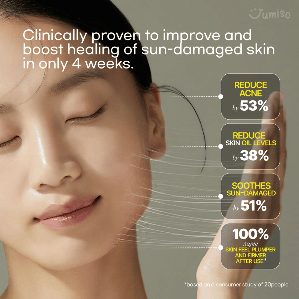 Mujer sonriente con piel lisa y radiante ilustra los efectos de Jumiso Snail Mucin 95 + Peptide. Mejora clínicamente probada de la piel dañada por el sol en 4 semanas.