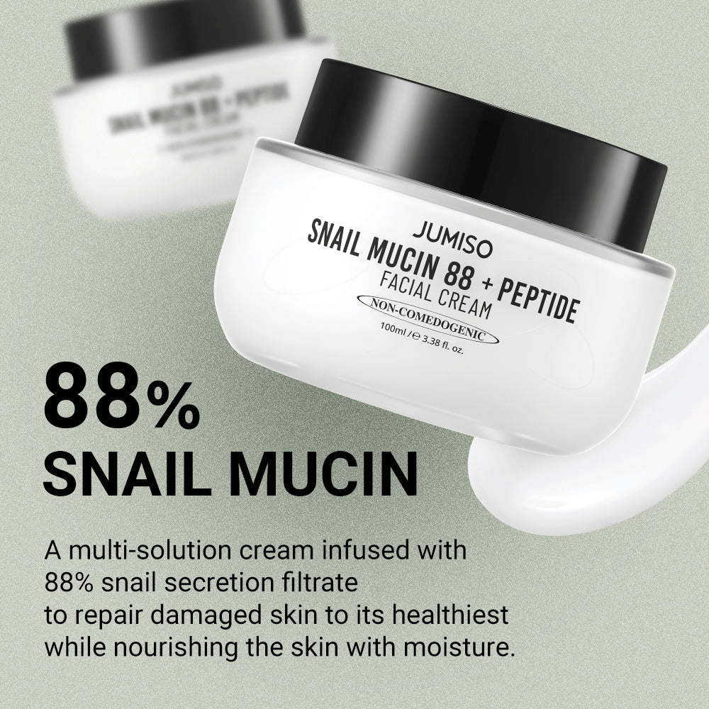 JUMISO Snail Mucin 88 + Peptide Facial Cream con 88 % de filtrado de secreción de caracol, diseñada para reparar la piel dañada e hidratar en profundidad. El texto en la imagen describe sus propiedades regeneradoras e hidratantes.
