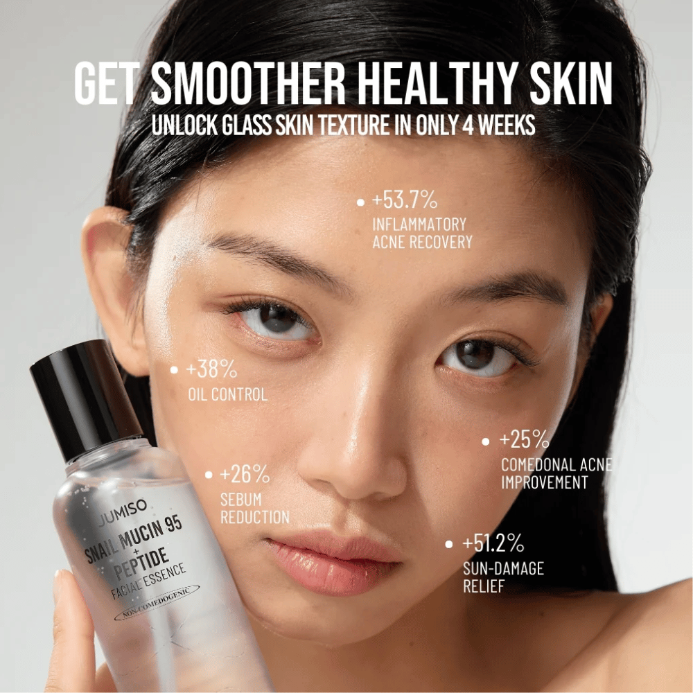 Mujer con tono de piel uniforme sostiene Jumiso Snail Mucin 95 + Peptide Facial Essence. El texto muestra mejoras como reducción del acné, menos grasa y mayor recuperación de la piel.