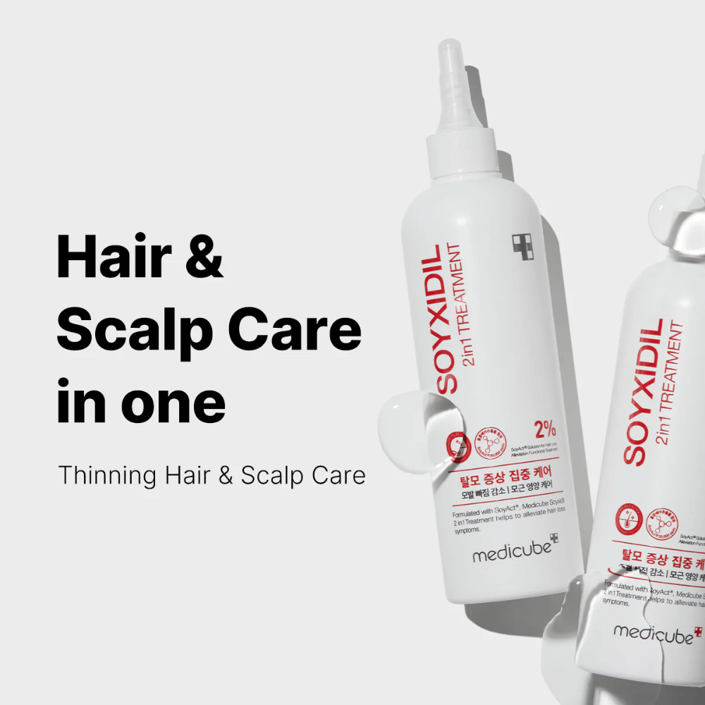 Medicube Soyxidil 2in1 Treatment se muestra con el texto "Cuidado del Cabello y Cuero Cabelludo en uno - Cuidado del Cabello Fino y el Cuero Cabelludo". Para un cabello más fuerte y un cuero cabelludo más saludable.