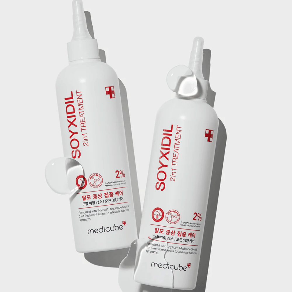 Dos botellas de Medicube Soyxidil 2in1 Treatment con texto claro "2% Solución SoyAct™". Tratamiento nutritivo contra la caída del cabello y el cuero cabelludo seco.