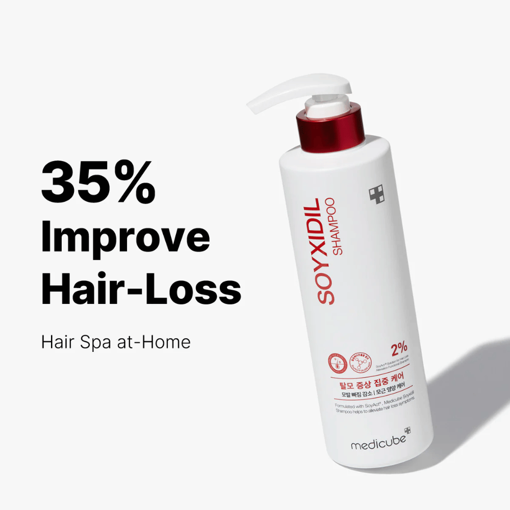 Medicube Soyxidil Shampoo se muestra con el texto: “35% Mejora la Pérdida de Cabello - Spa para el Cabello en Casa”. Champú para la caída del cabello y cuero cabelludo saludable.