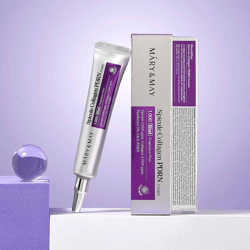 Mary & May Spicule Collagen PDRN Cream junto al empaque original, crema facial regeneradora con colágeno, PDRN y espículas.