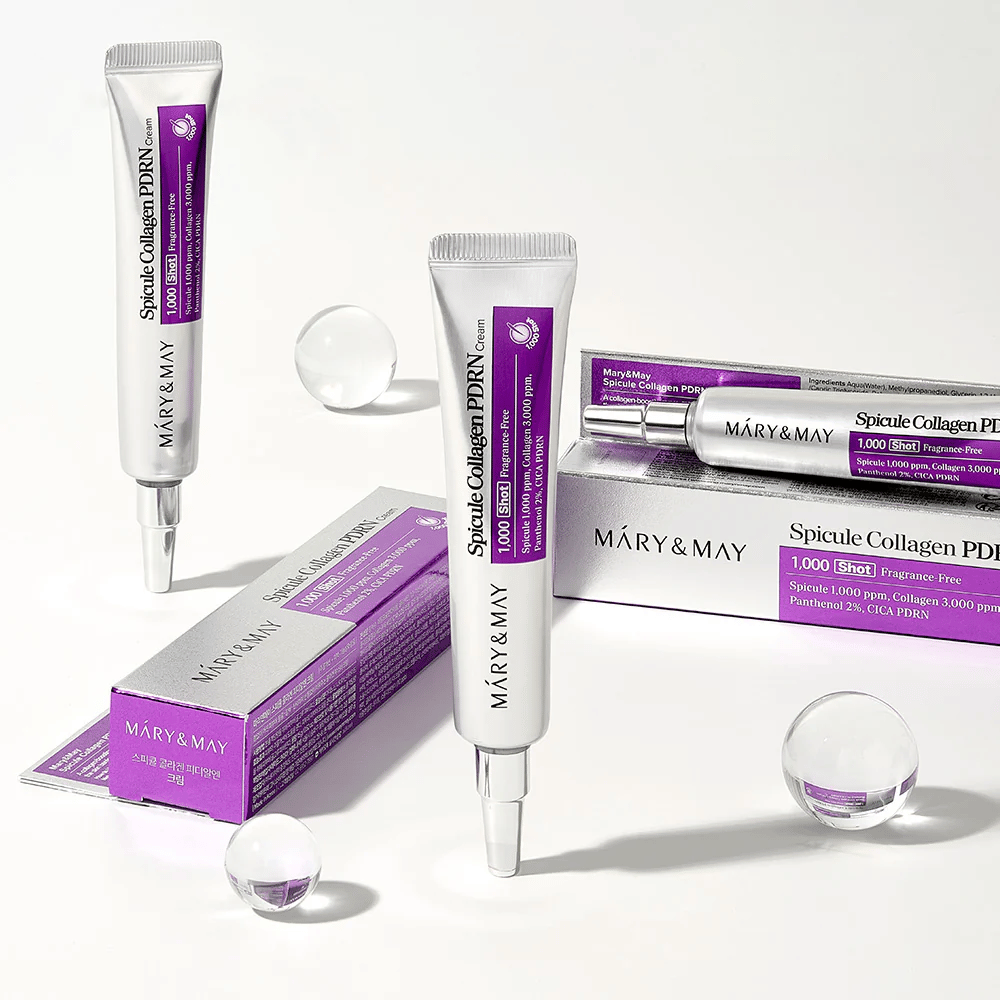 Mary & May Spicule Collagen PDRN Cream en tubo con empaque, cuidado de la piel coreano con espículas, colágeno y PDRN para la renovación de la piel y mejora de la elasticidad.
