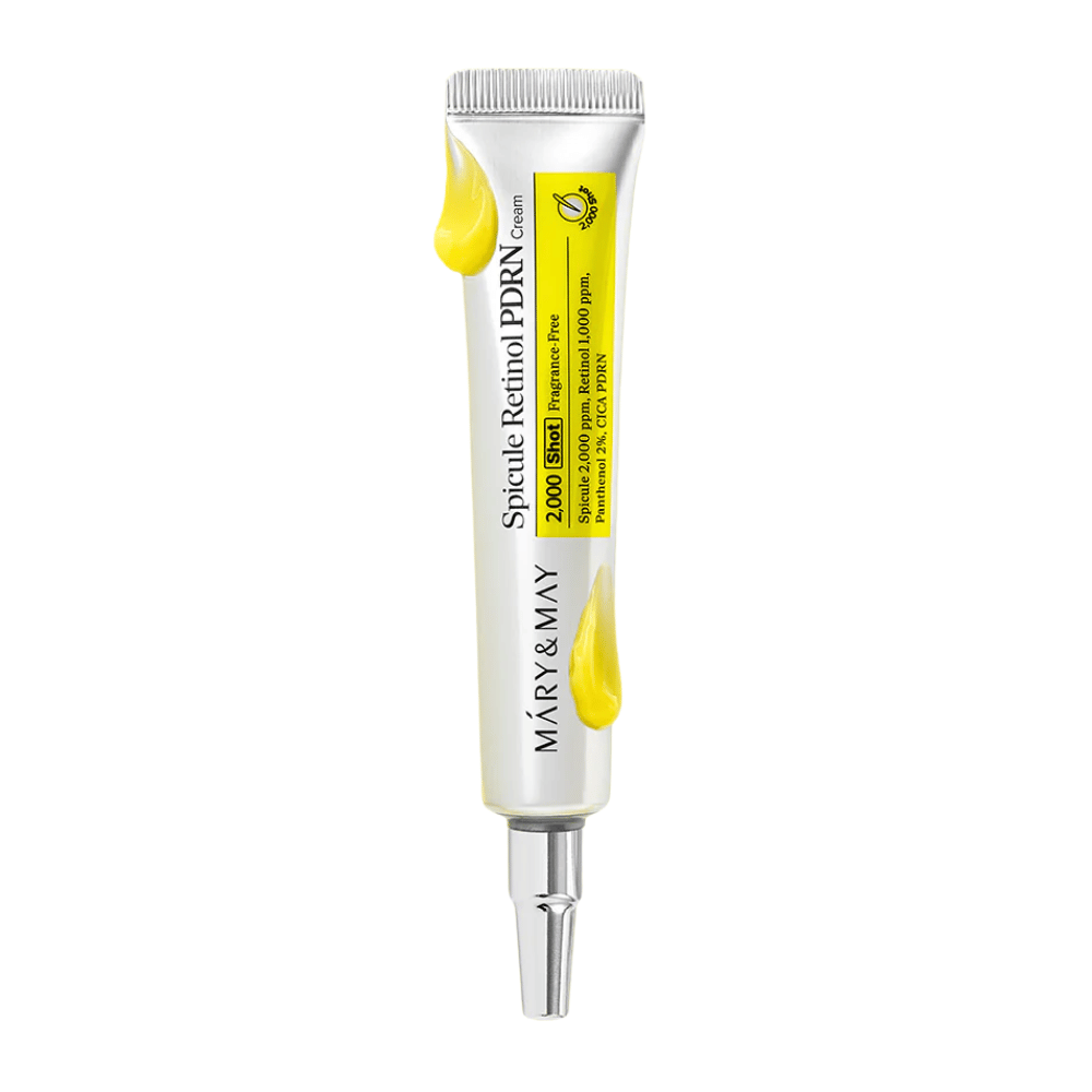 Imagen del producto de MARY & MAY Spicule Retinol PDRN Cream en tubo sobre fondo blanco, una crema facial activa con retinol y PDRN adecuada para piel madura e irregular.