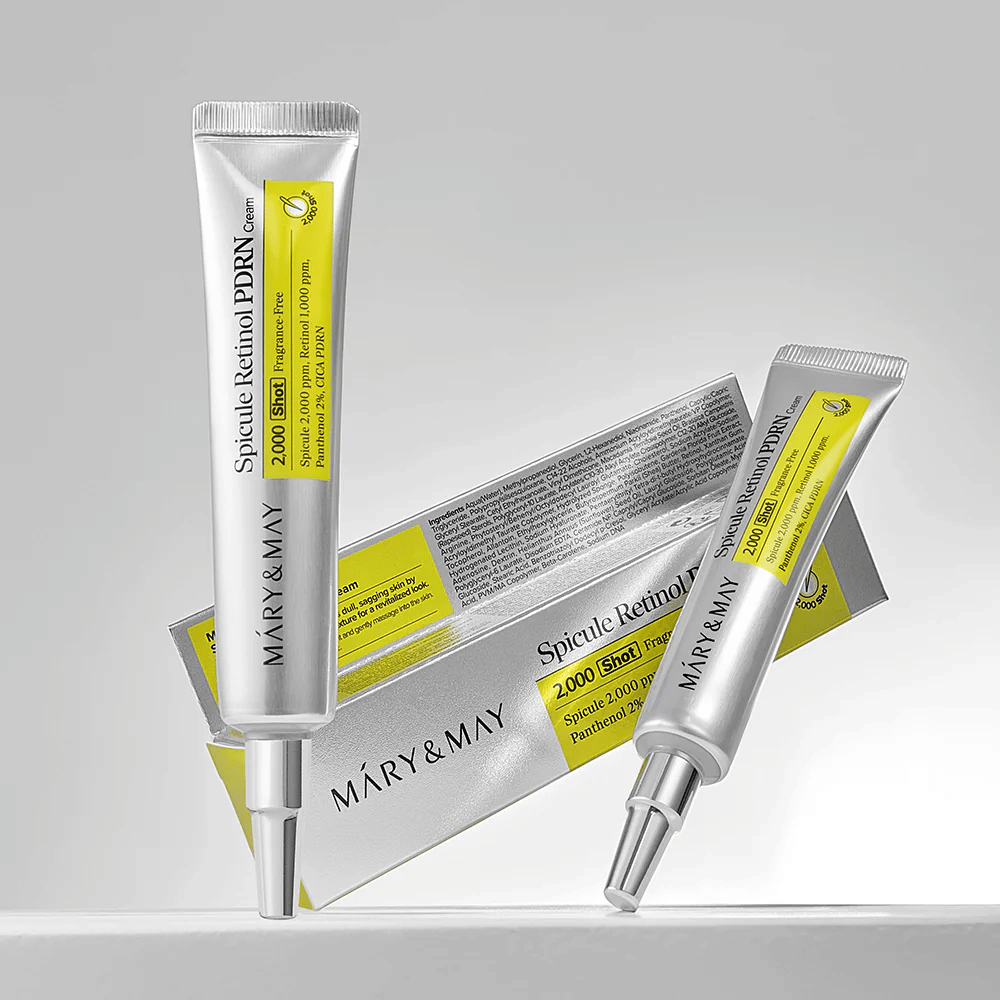 MARY & MAY Spicule Retinol PDRN Cream en tubo junto con el empaque original, una crema facial coreana con retinol y PDRN que apoya la regeneración de la piel.