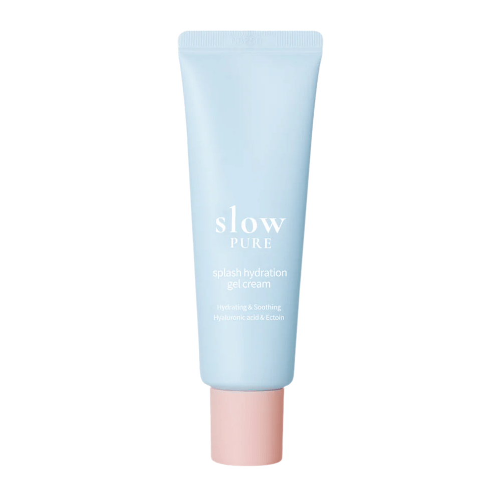 Slow Pure Splash Hydration Gel Cream en tubo azul con tapa rosa, crema gel hidratante con ácido hialurónico y ectoína.