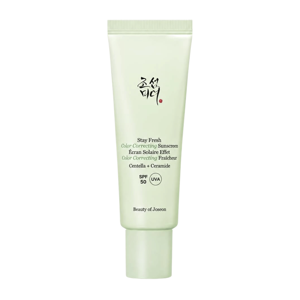 5. Beauty of Joseon Stay Fresh Color Correcting Sunscreen SPF 50 – protector solar corrector de color verde sobre fondo blanco