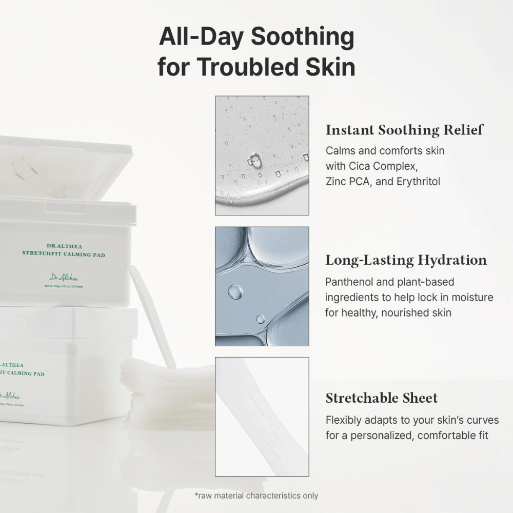 Imagen – efecto / beneficios (conversión)
Dr. Althea Stretchfit Calming Pad que proporciona hidratación duradera, reduce la irritación y refresca la piel sensible durante todo el día.