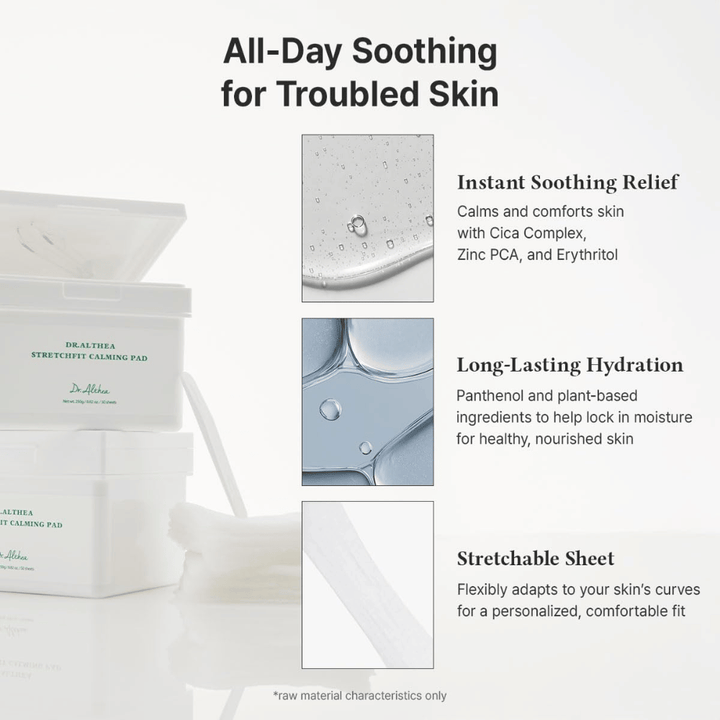 Imagen – efecto / beneficios (conversión)
Dr. Althea Stretchfit Calming Pad que proporciona hidratación duradera, reduce la irritación y refresca la piel sensible durante todo el día.