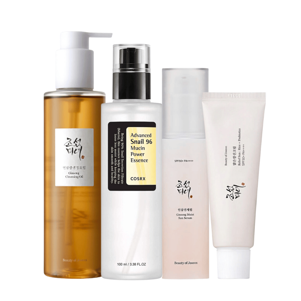 K-Beauty El Kit de Esenciales de Verano contiene esencia de mucina de caracol y aceite limpiador de ginseng.
