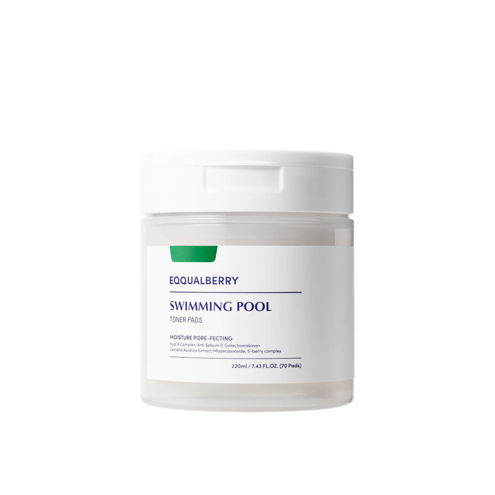 Imagen del producto de Equalberry Swimming Pool Toner Pads – 70 almohadillas hidratantes y refinadoras de poros con ingredientes veganos para una piel fresca y equilibrada.