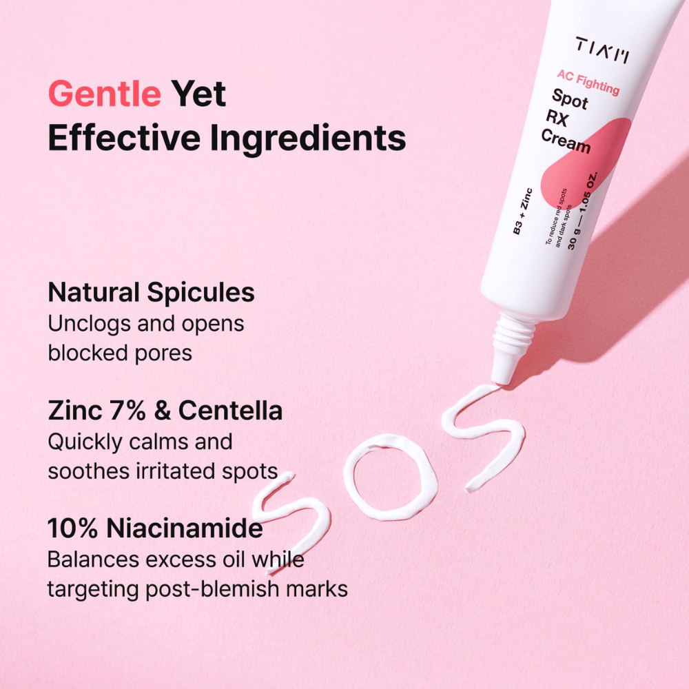 TIA'M AC Fighting Spot RX Cream con zinc, niacinamida y centella – calma, equilibra el sebo y reduce las manchas rojas.