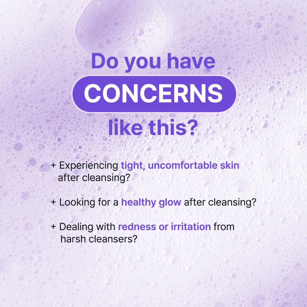 Ilustración con preguntas sobre problemas de piel como sequedad, irritación y tirantez después de la limpieza, con enfoque en el efecto calmante de TIA'M Snail & Azulene Low pH Cleansers.