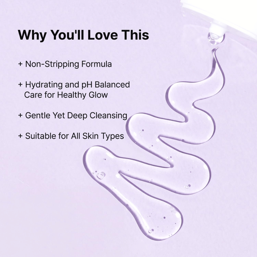 Textura de gel transparente de TIA'M Snail & Azulene Low pH Cleanser, con texto que destaca sus beneficios de hidratación, equilibrio de pH y limpieza suave para todo tipo de piel.