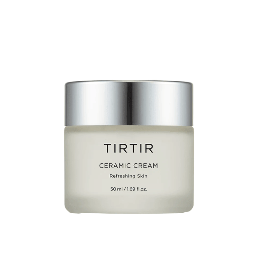 Un tarro de TIRTIR Ceramic Cream destinado para "Refreshing Skin", con un volumen de 50 ml / 1.69 fl oz. El tarro tiene un color degradado de blanco a transparente y una tapa de color plateado.