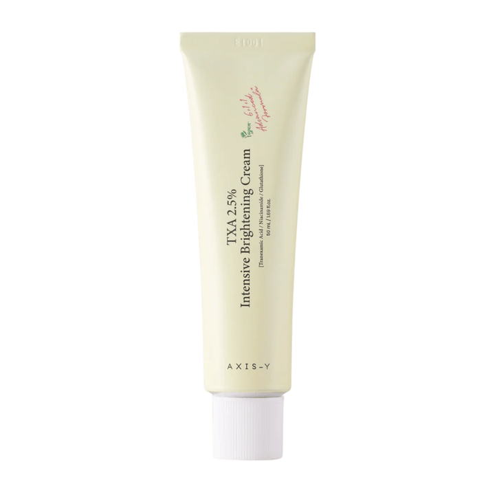 Imagen limpia del producto de AXIS - Y TXA 2.5% Intensive Brightening Cream en formato vertical, con enfoque en el diseño elegante y el concepto de iluminador.