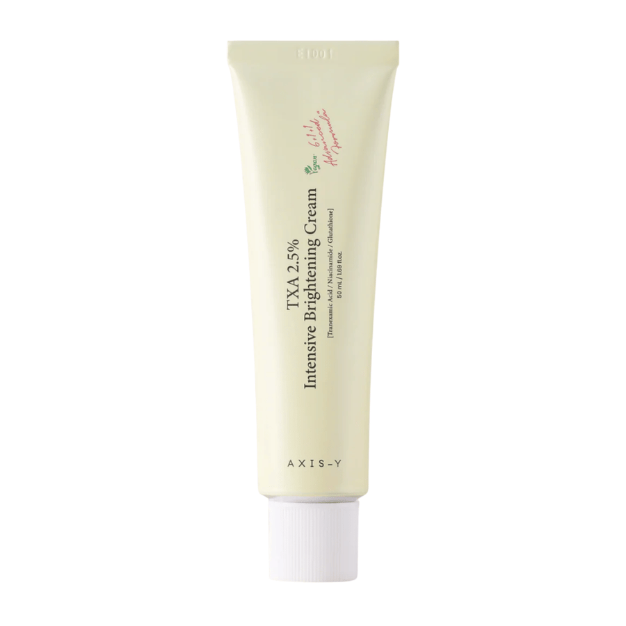 Imagen limpia del producto de AXIS - Y TXA 2.5% Intensive Brightening Cream en formato vertical, con enfoque en el diseño elegante y el concepto de iluminador.