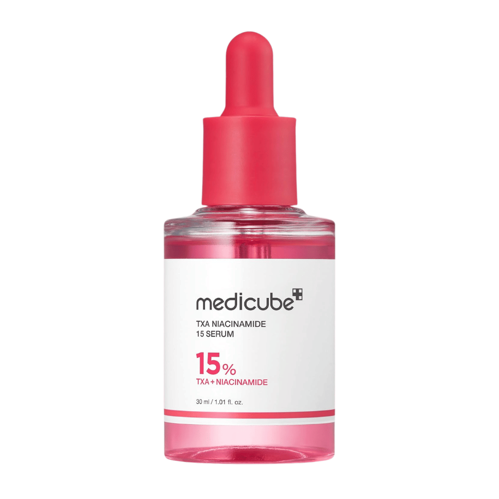 4. Medicube TXA Niacinamide 15 Serum 30 ml – frasco de sérum rosa con cuentagotas sobre fondo blanco