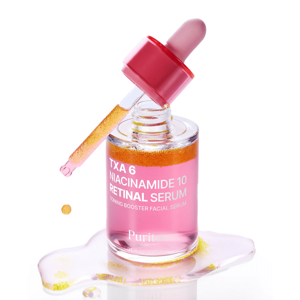 Purito TXA 6 Niacinamide 10 Retinal Serum – suero potenciador tonificante rosa con pipeta. Combina TXA, niacinamida y retinal para un tono de piel uniforme.
