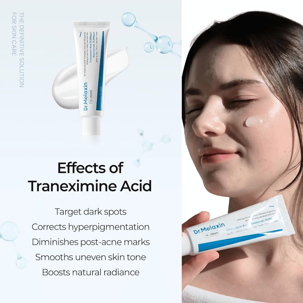 Cuidado de la piel con ácido tranexámico que reduce la hiperpigmentación, las cicatrices de acné y las manchas oscuras, además de proporcionar una piel más uniforme y radiante