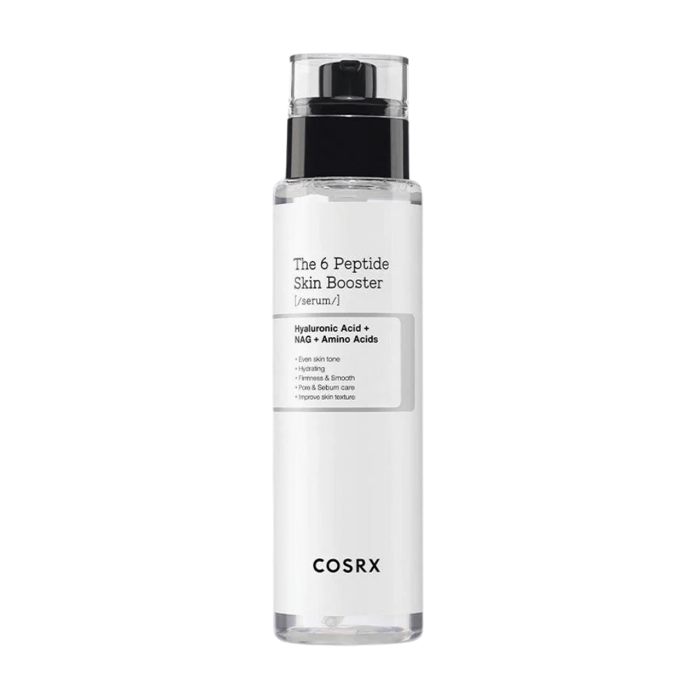 Botella con sérum para el cuidado de la piel "The 6 Peptide Skin Booster" con ácido hialurónico y aminoácidos de COSRX.