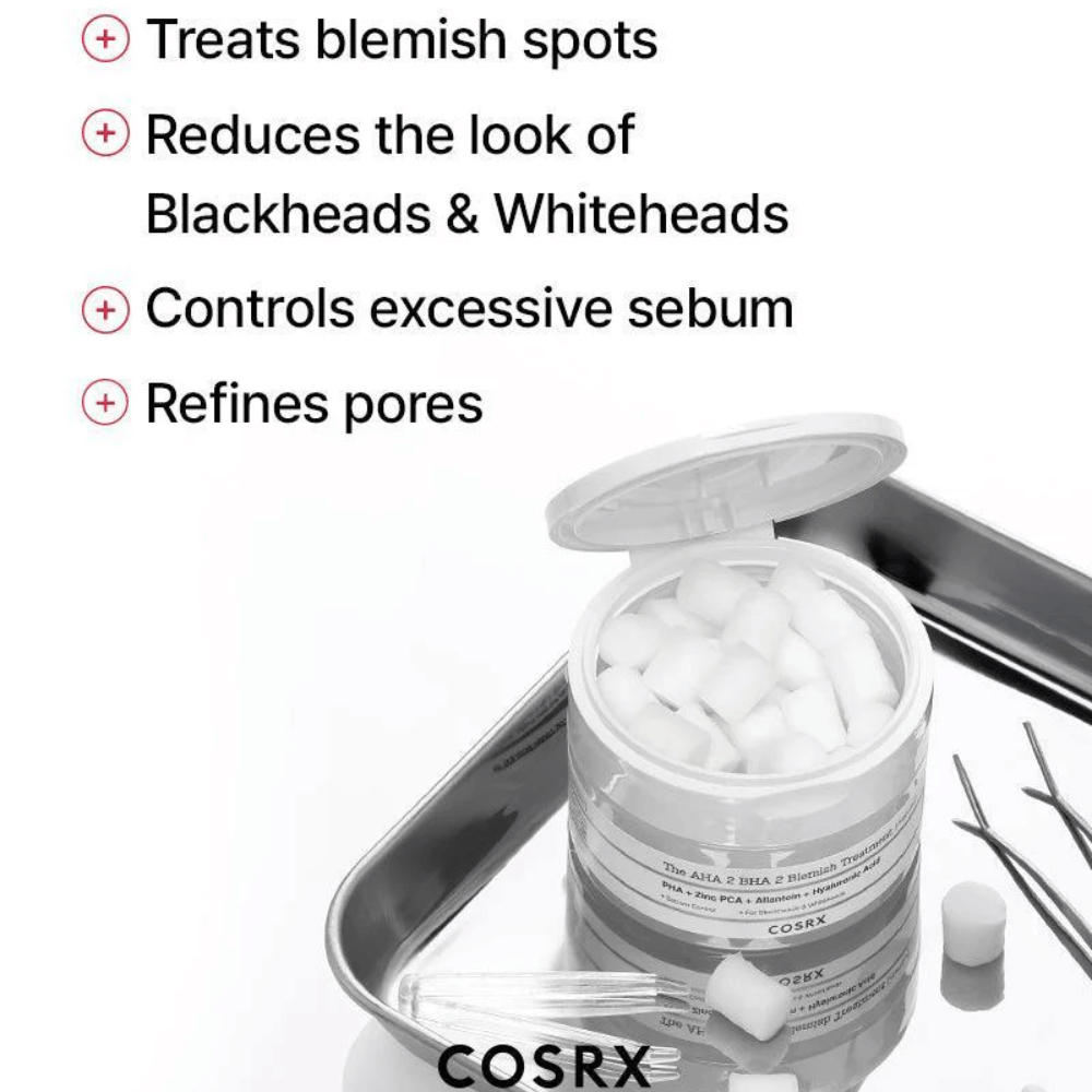 COSRX AHA 2 BHA 2 Blemish Treatment es efectivo para tratar el acné, reducir la visibilidad de puntos negros y puntos blancos, controlar el exceso de sebo y refinar los poros. Perfecto para una piel más clara.