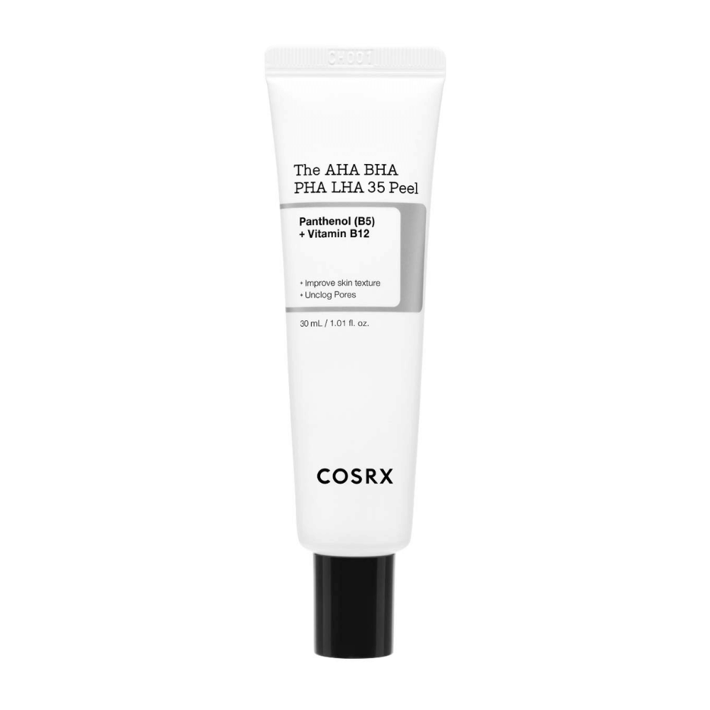 COSRX AHA BHA PHA LHA 35 Peel, un producto exfoliante con pantenol (B5) y vitamina B12. Mejora la textura de la piel y limpia los poros obstruidos. Contenido: 30 ml.