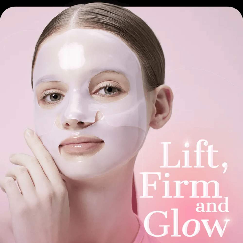 Mujer con COSRX Peptide Collagen Lifting Glow Hydrogel Mask – proporciona una piel firme, tersa y radiante con hidratación intensa.