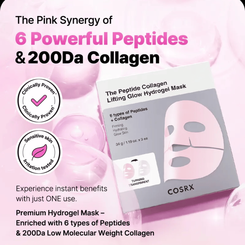 COSRX Peptide Collagen Mask – enriquecida con 6 tipos de péptidos y colágeno, clínicamente probada para piel sensible.