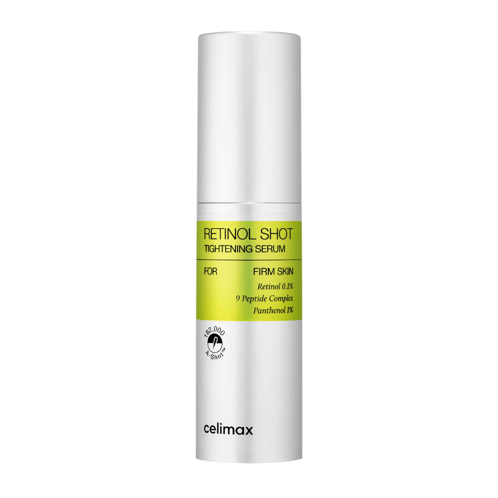 Celimax The Vita-A Retinol Shot Tightening Serum en botella de bomba plateada con etiqueta verde lima y texto negro.
