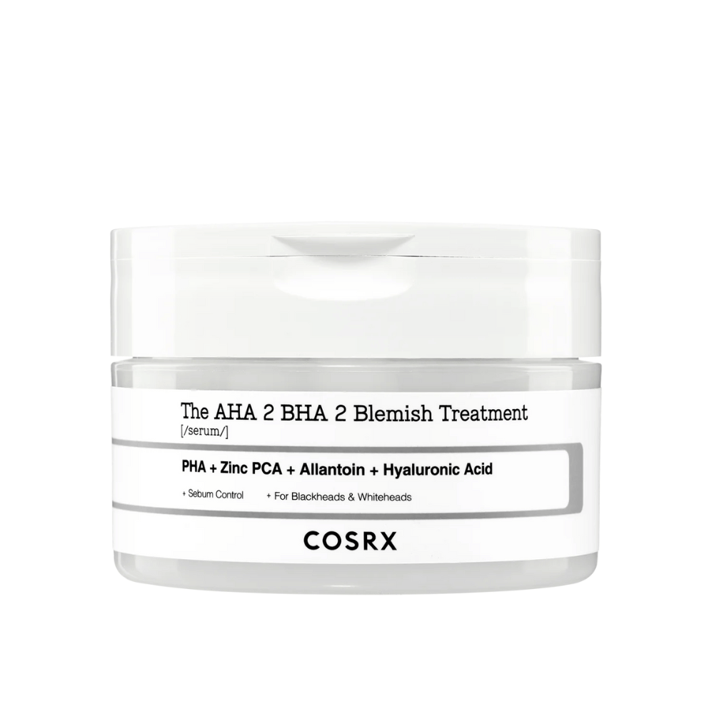 COSRX AHA 2 BHA 2 Blemish Treatment, un suero con PHA, zinc PCA, alantoína y ácido hialurónico. Diseñado para controlar la producción de sebo y combatir los puntos negros y puntos blancos. Perfecto para mejorar la claridad de la piel.