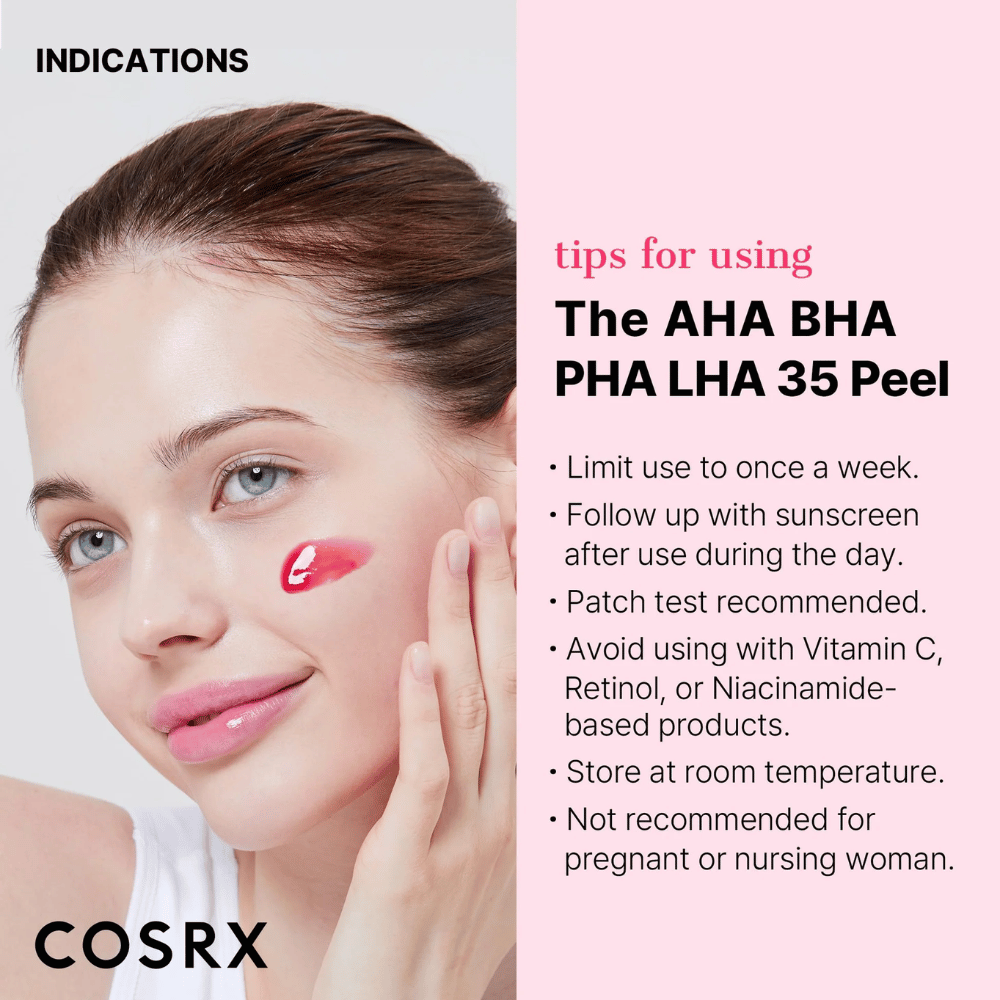 Instrucciones para el uso de COSRX AHA BHA PHA LHA 35 Peel:

Usar máximo una vez por semana.
Seguir con protector solar durante el día.
Se recomienda probar primero en una pequeña área.
Evitar combinar con productos que contengan vitamina C, retinol o niacinamida.
Almacenar a temperatura ambiente.
No se recomienda para mujeres embarazadas o lactantes.