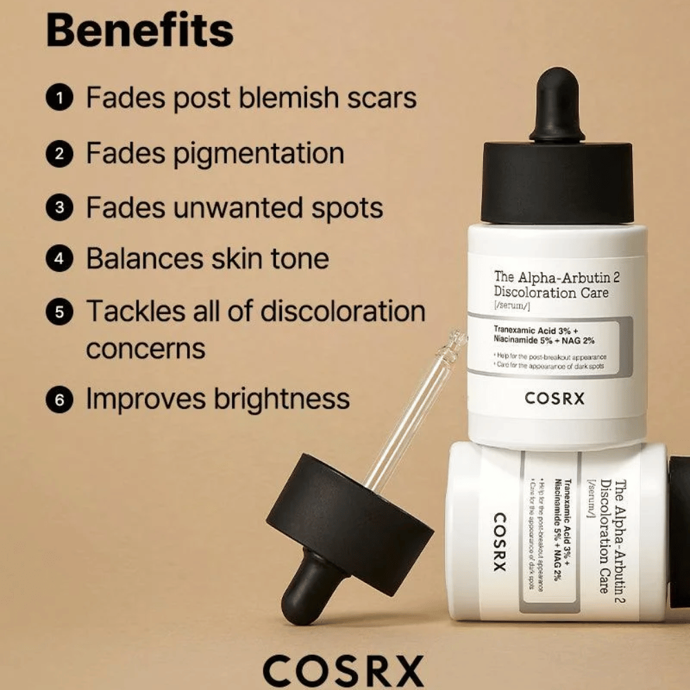 COSRX The Alpha-Arbutin 2 Discoloration Care Serum ayuda a reducir cicatrices de acné, aclarar manchas de pigmentación, igualar el tono de piel y mejorar la luminosidad de la piel. Contiene ácido tranexámico, niacinamida y NAG para una piel más clara.