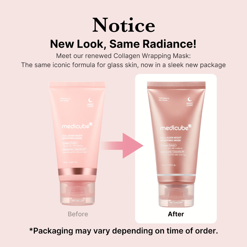 ¡Nuevo aspecto, mismos resultados radiantes! Medicube Collagen Wrapping Mask ahora tiene un empaque renovado y elegante, pero mantiene su fórmula icónica para una piel luminosa. *El empaque puede variar según el momento del pedido.
