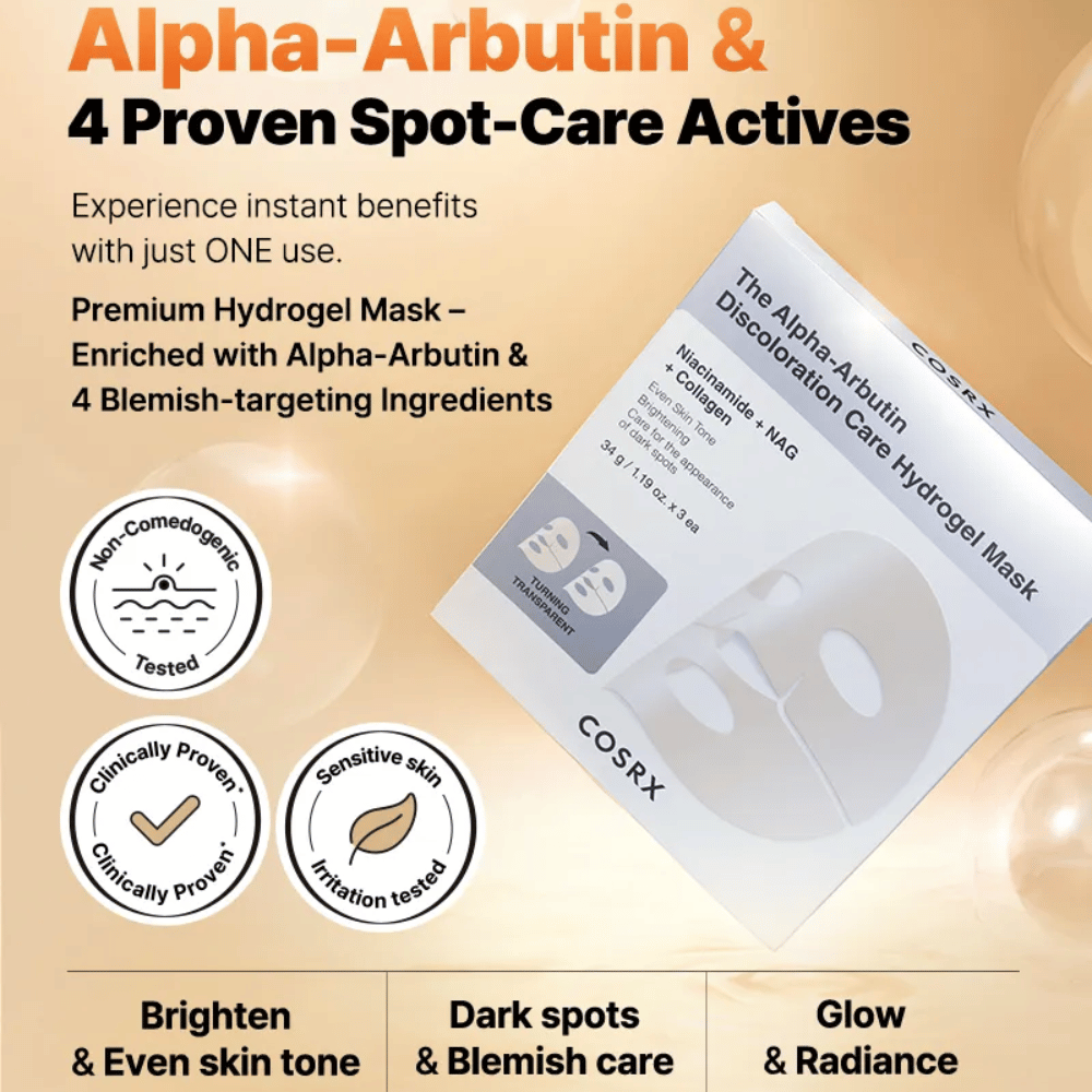 COSRX Imagen del producto de la Mascarilla de Hidrogel para el Cuidado de la Decoloración con Alfa-Arbutina – coreana Sheet mask para pigmentación, brillo e hidratación intensa.