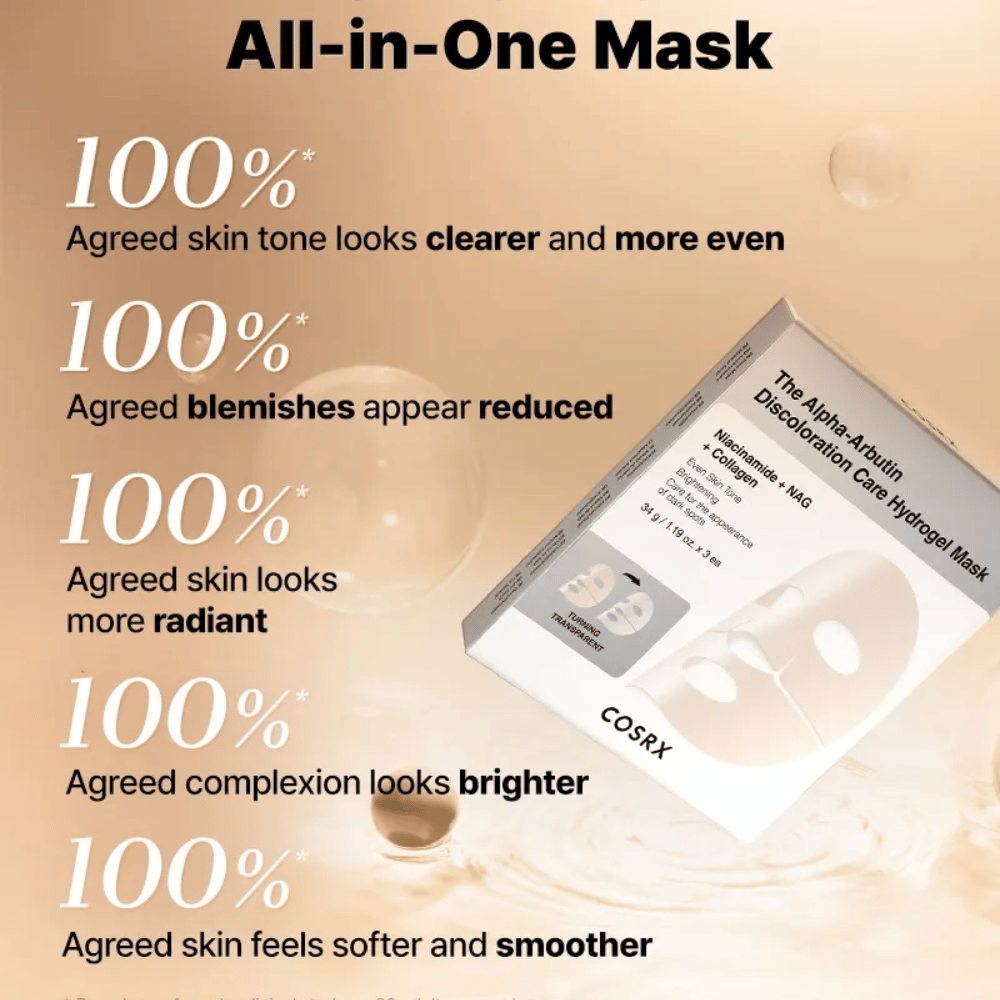 COSRX Mascarilla de Hidrogel para el Cuidado de la Decoloración con Alfa-Arbutina con empaque – todo-en-uno Sheet mask para luminosidad, tono de piel uniforme y reducción de decoloración.