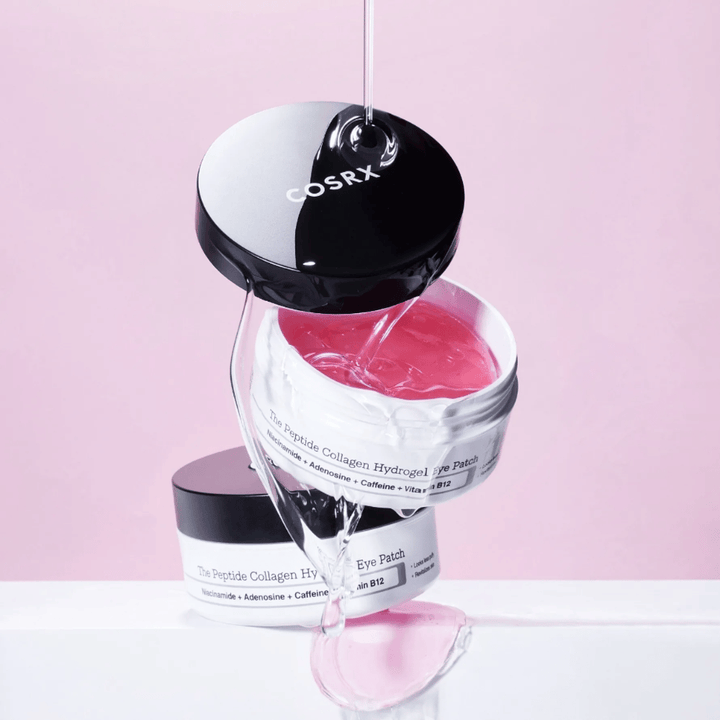 COSRX Peptide Collagen Hydrogel Eye Patch – fórmula de gel rosa rica en niacinamida, adenosina, cafeína y vitamina B12.