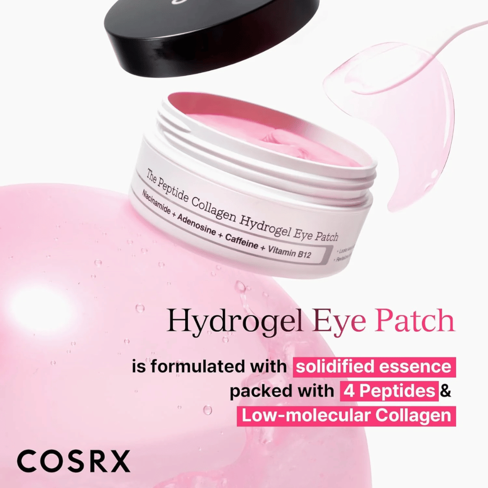 COSRX Hydrogel Eye Patch con 4 péptidos y colágeno de baja molécula para una piel hidratada y firme alrededor de los ojos.