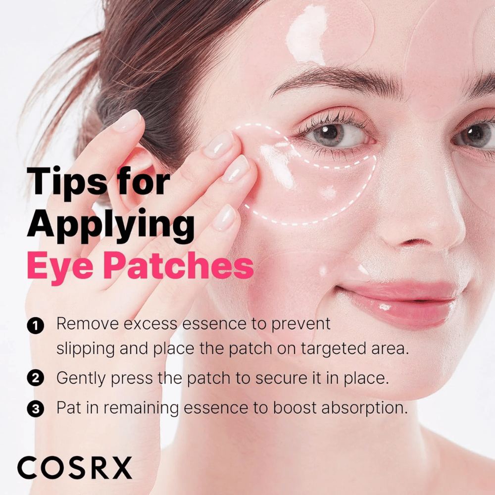 Consejos para la aplicación de COSRX Peptide Collagen Eye Patch: presiona, elimina el exceso de esencia y da palmaditas para absorber los restos.