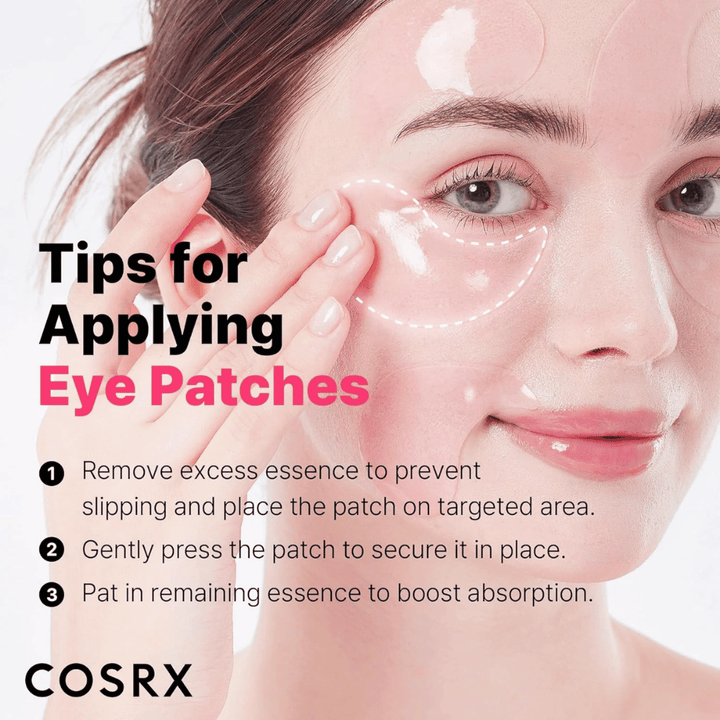 Consejos para la aplicación de COSRX Peptide Collagen Eye Patch: presiona, elimina el exceso de esencia y da palmaditas para absorber los restos.
