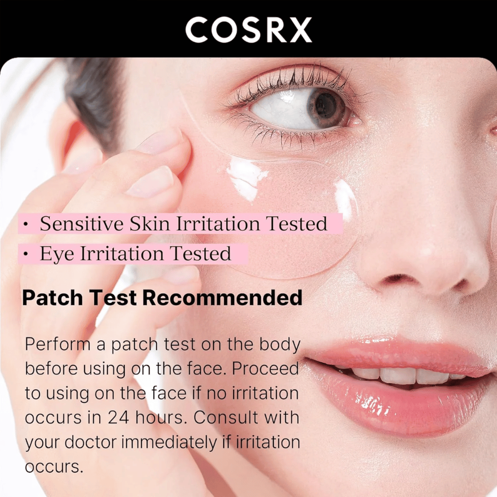 COSRX Peptide Collagen Hydrogel Eye Patch – probado para piel sensible e irritación ocular, seguro para uso diario.