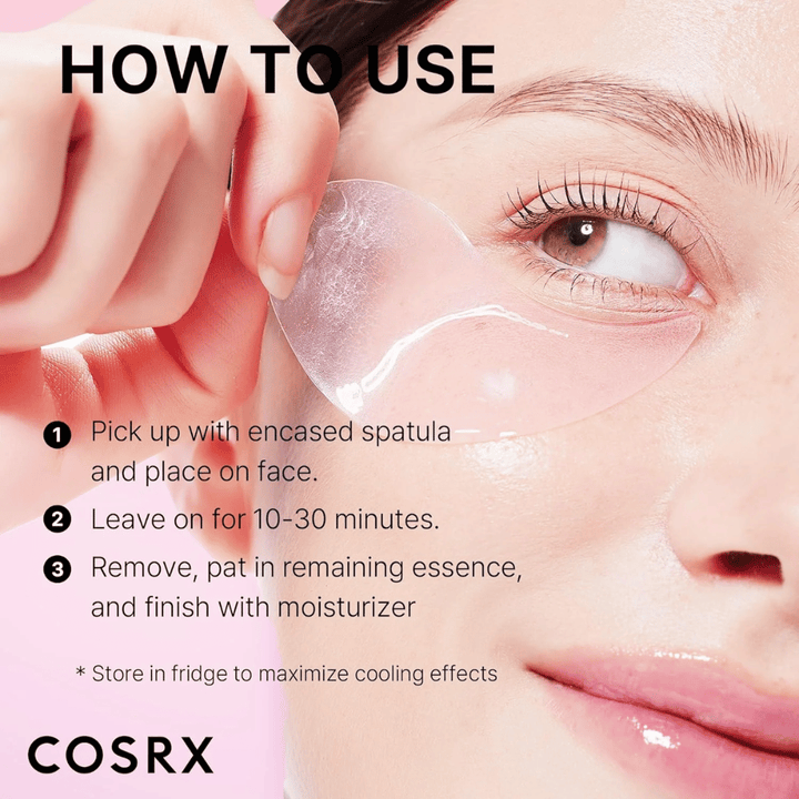 COSRX Peptide Collagen Hydrogel Eye Patch – aplica con espátula, deja actuar 10-30 minutos y termina con crema hidratante.